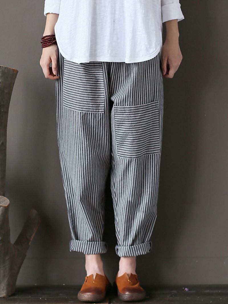 Dam Stripe Elastisk Midja Casual Lösa Harem Byxor