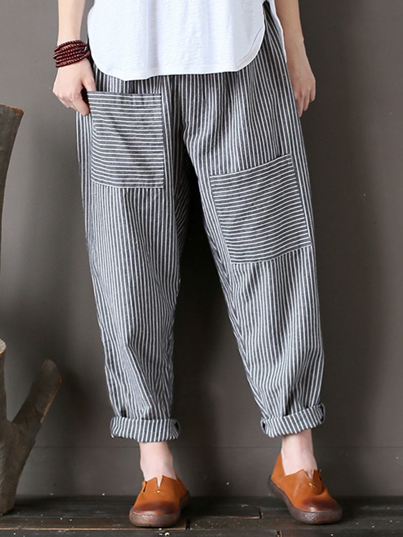 Dam Stripe Elastisk Midja Casual Lösa Harem Byxor