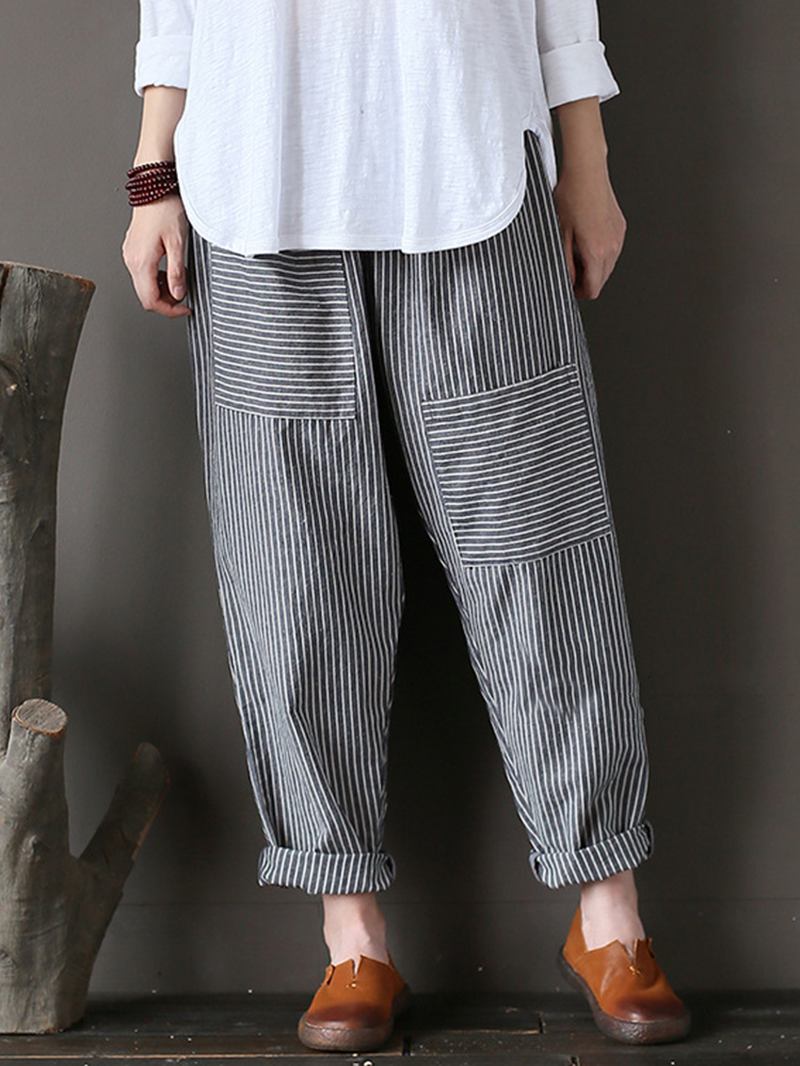 Dam Stripe Elastisk Midja Casual Lösa Harem Byxor