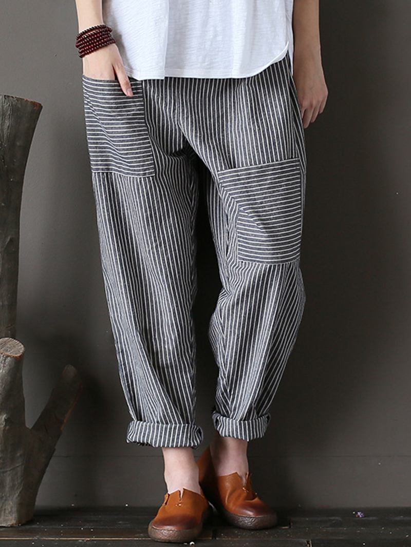 Dam Stripe Elastisk Midja Casual Lösa Harem Byxor