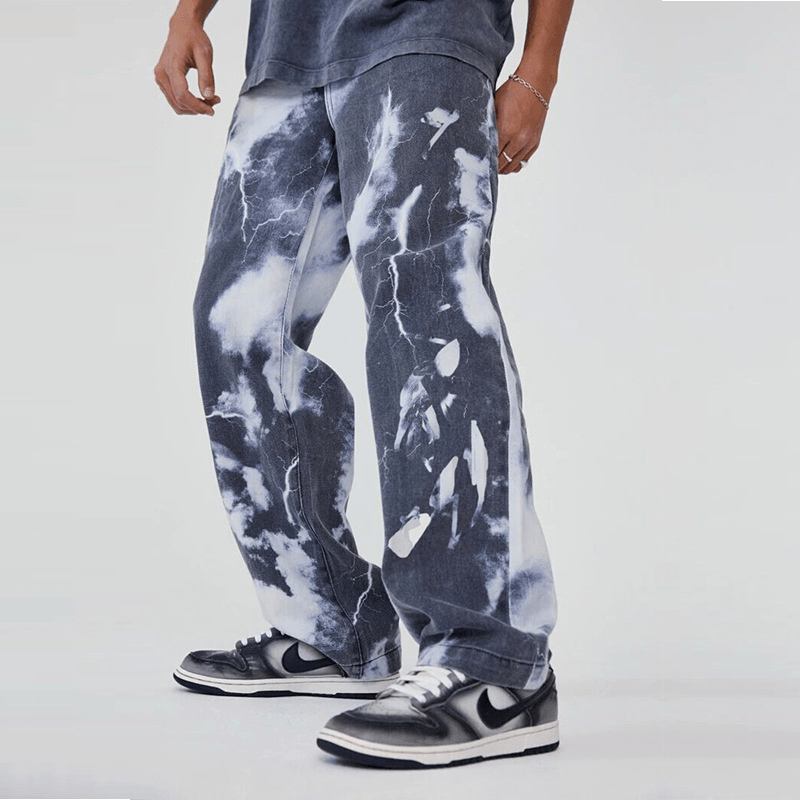 Europeisk Och Amerikansk Trend High Street Washed Tie-dye Med Tryck Jeansbyxa För Män