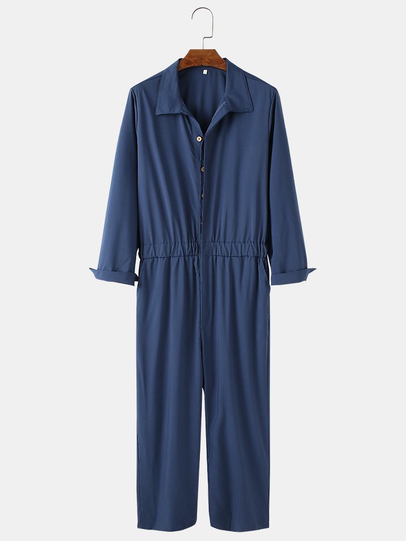 Herr Bomull Enfärgad Button Up Lapel Collar Casual Jumpsuits