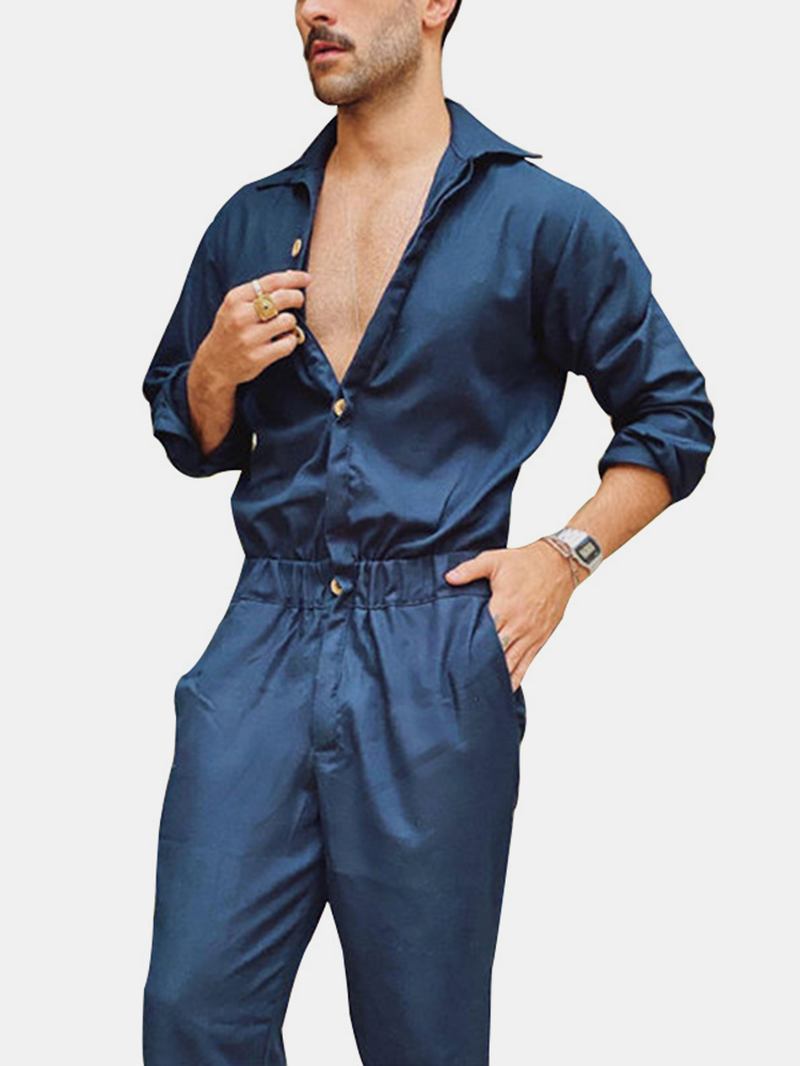 Herr Bomull Enfärgad Button Up Lapel Collar Casual Jumpsuits