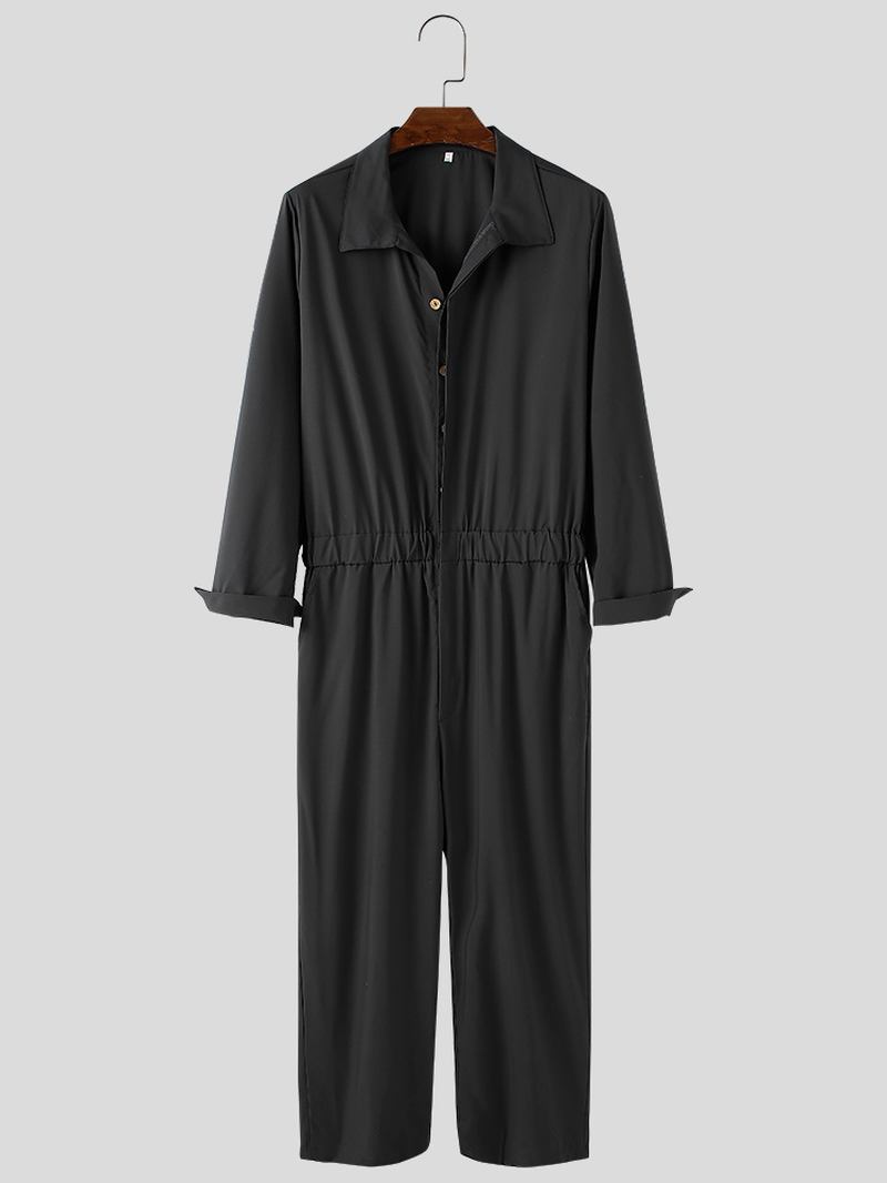 Herr Bomull Enfärgad Button Up Lapel Collar Casual Jumpsuits