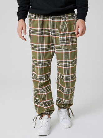 Herr Bomull Pläd Multi Pocket Casual Dragsko Elastiska Midja Joggingbyxor