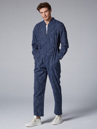 Herr Bomullsrand Stativ Krage Onesies Fickor Casual Rak Jumpsuit