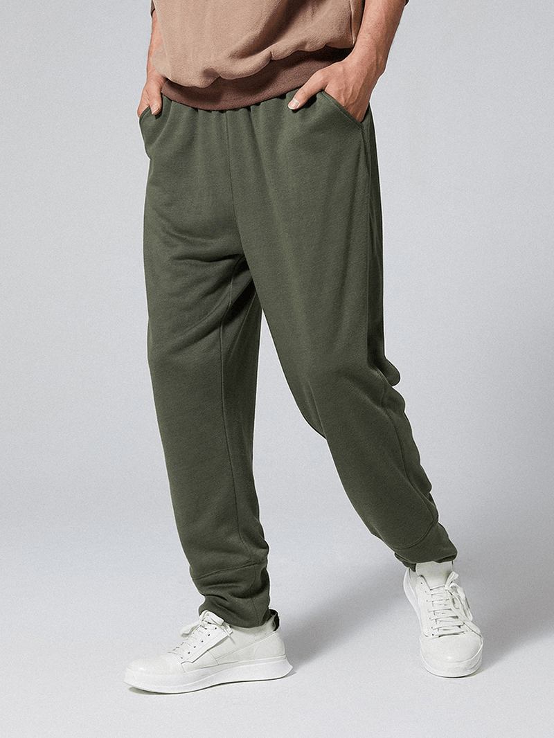 Herr Casual Elastisk Midja Ren Färg Pants Loose Fit Raight Byxor