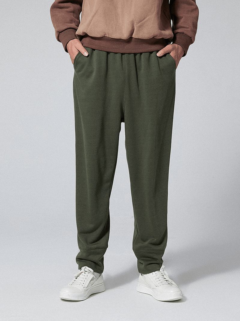 Herr Casual Elastisk Midja Ren Färg Pants Loose Fit Raight Byxor