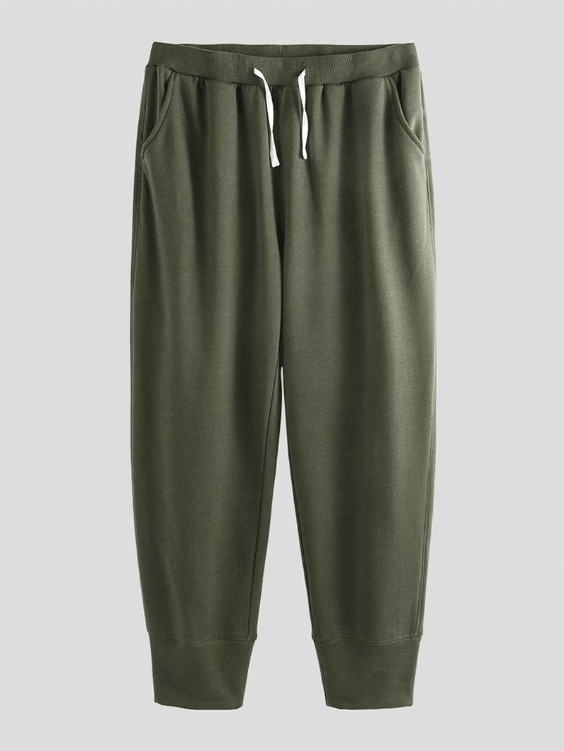 Herr Casual Elastisk Midja Ren Färg Pants Loose Fit Raight Byxor