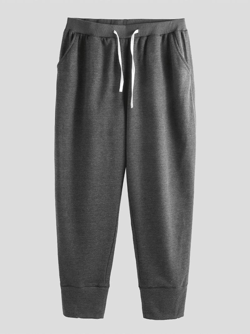 Herr Casual Elastisk Midja Ren Färg Pants Loose Fit Raight Byxor