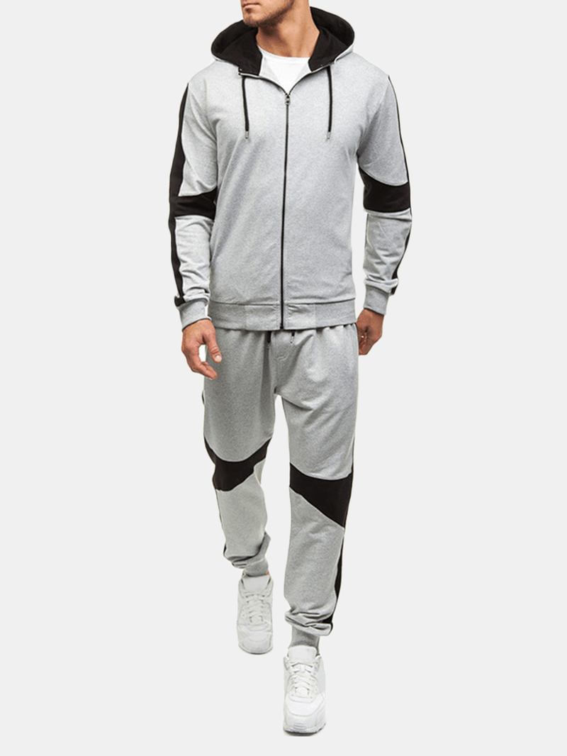 Herr Casual Sport Patchwork Hit Färg Running Byxor Hooded Mode Suit