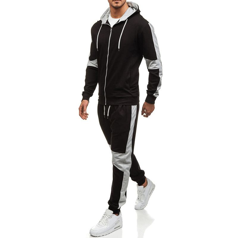 Herr Casual Sport Patchwork Hit Färg Running Byxor Hooded Mode Suit