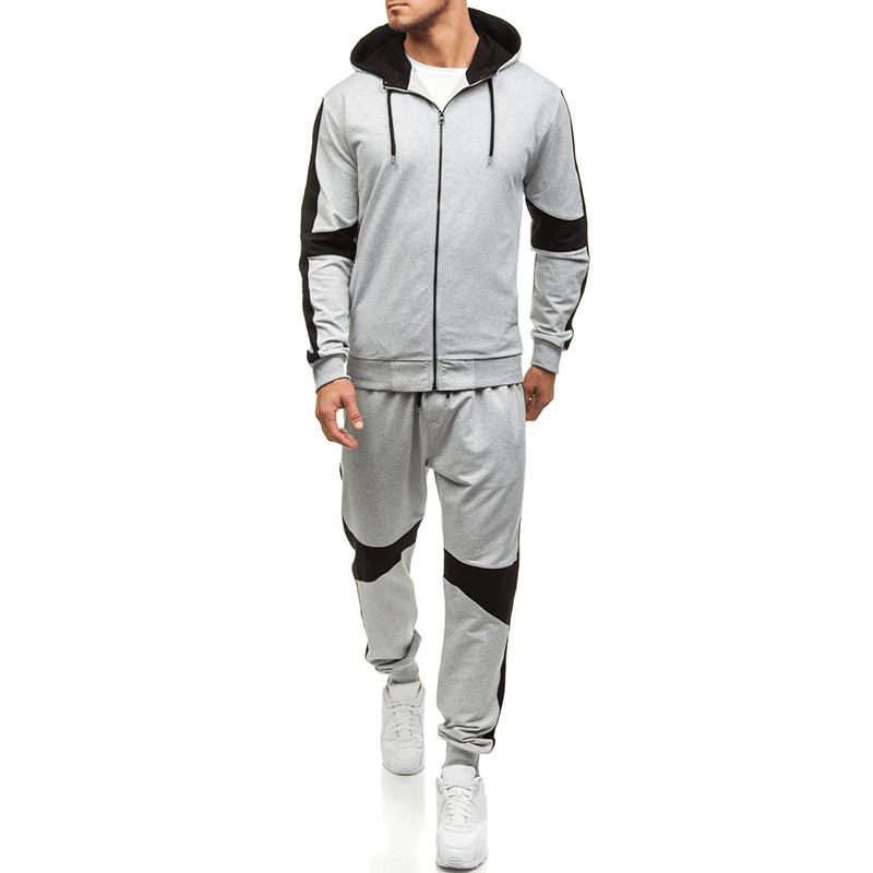 Herr Casual Sport Patchwork Hit Färg Running Byxor Hooded Mode Suit