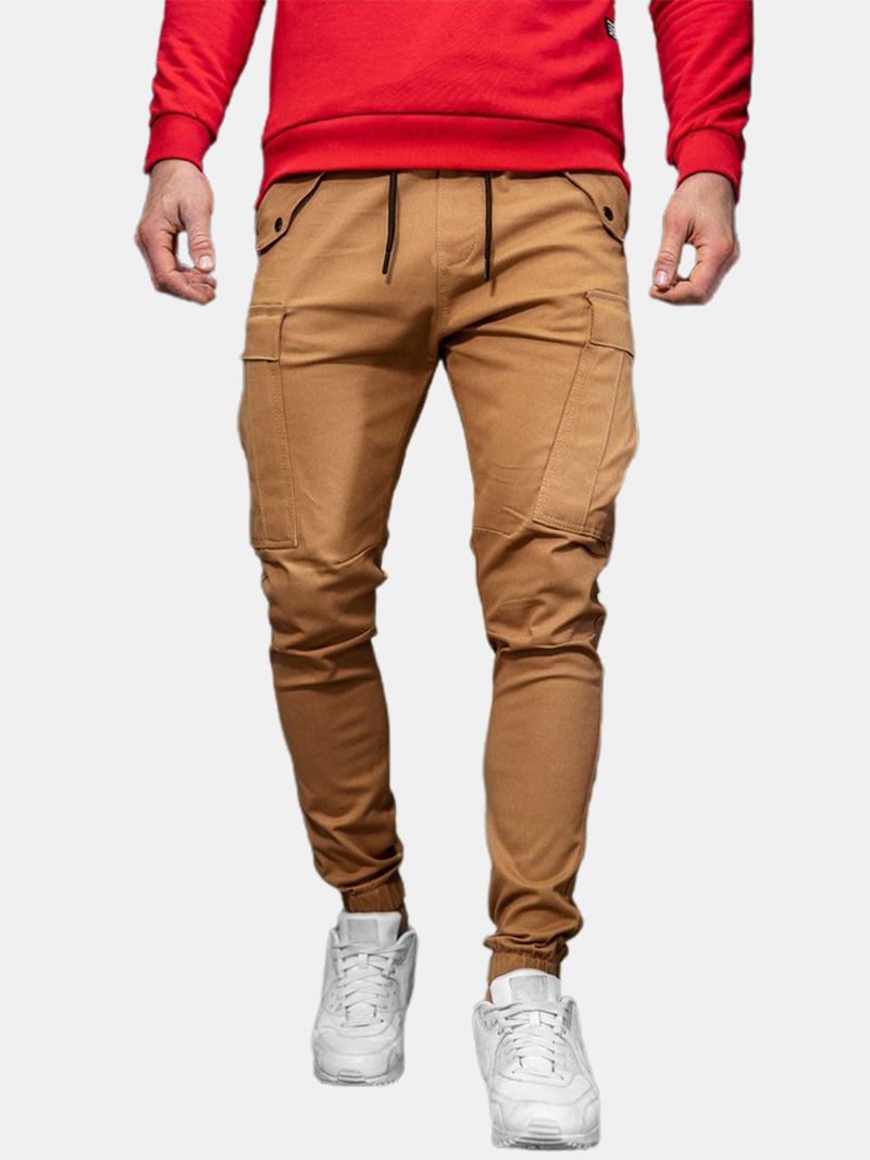 Herr Enfärgad Dragsko Med Mid Midja Overaller Pocket Cargo Pants