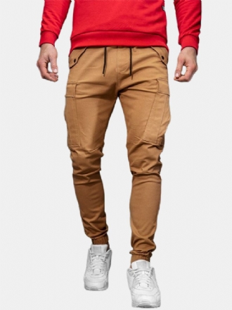 Herr Enfärgad Dragsko Med Mid Midja Overaller Pocket Cargo Pants