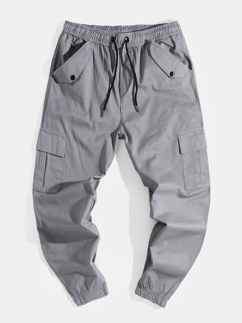 Herr Enfärgad Dragsko Med Mid Midja Overaller Pocket Cargo Pants