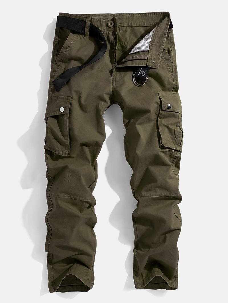 Herr Enfärgad Multi Pocket Dragkedja Fly Mid Waist Casual Byxor