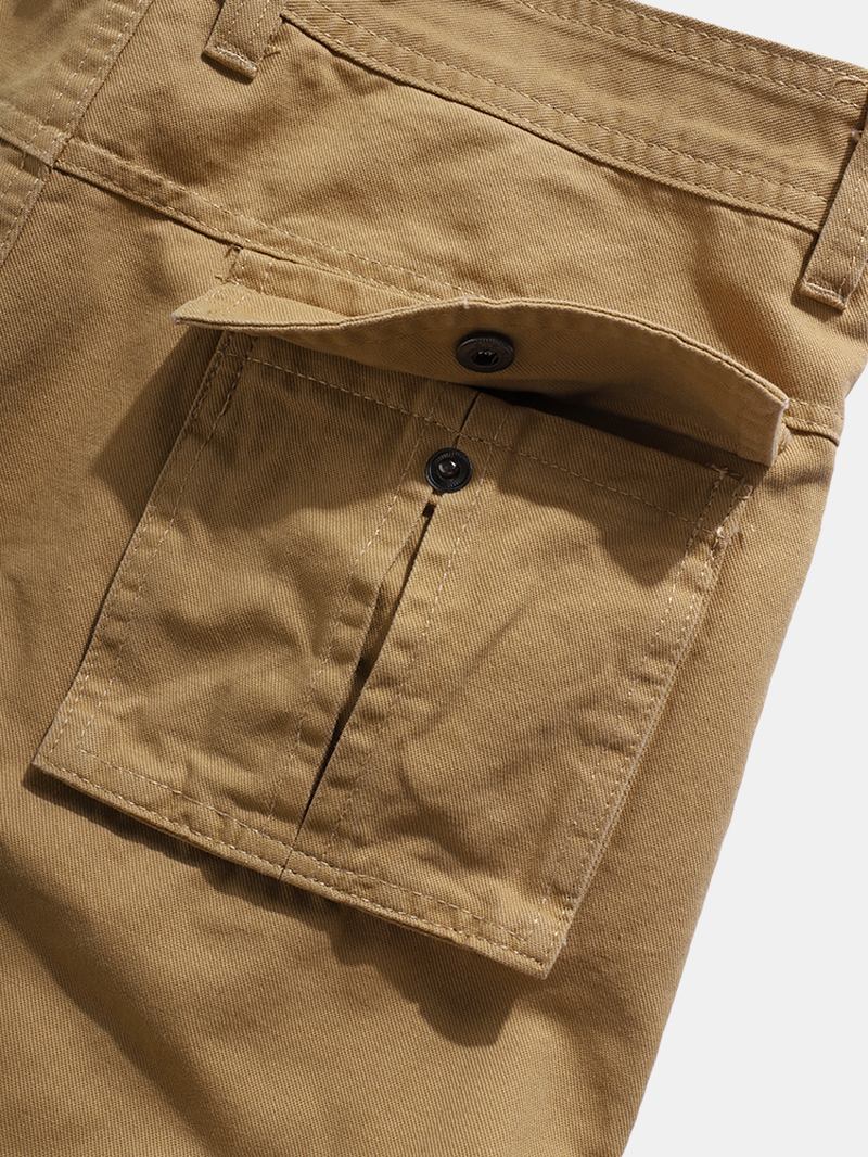 Herr Enfärgad Multi Pocket Dragkedja Fly Mid Waist Casual Byxor