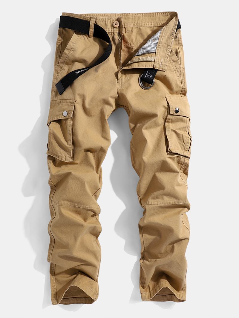 Herr Enfärgad Multi Pocket Dragkedja Fly Mid Waist Casual Byxor