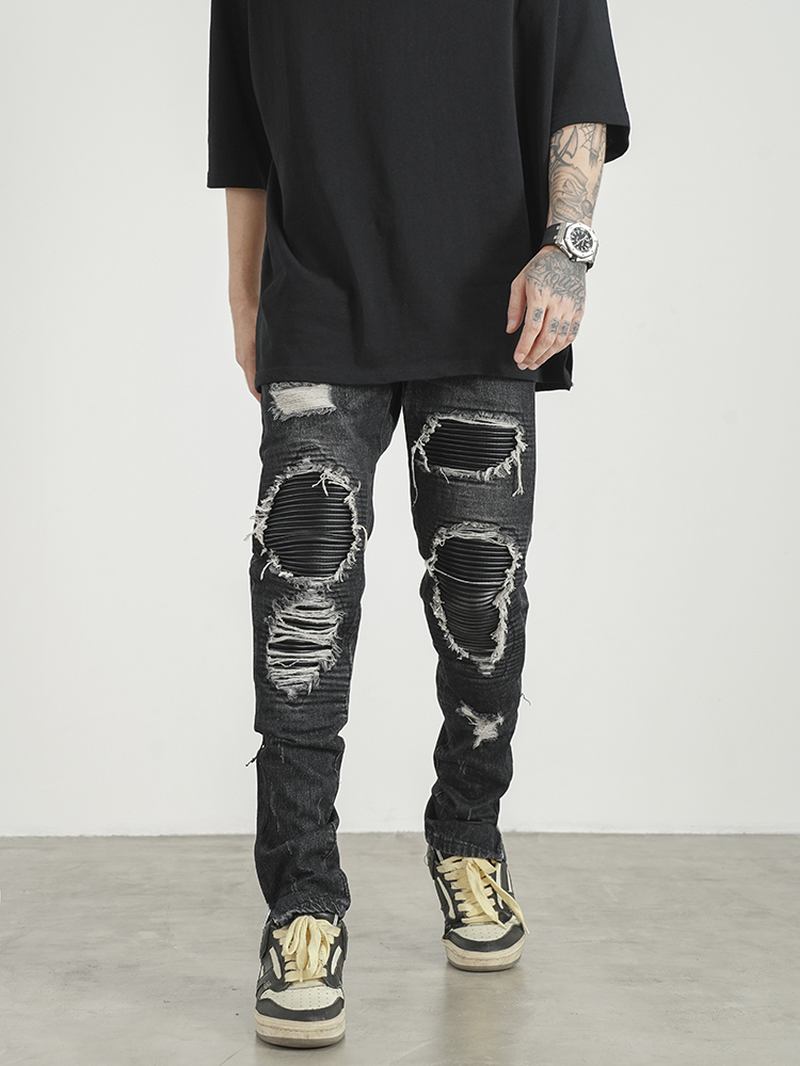 Herr Ripped Patch Pu Och Läder Dragkedja Jeans