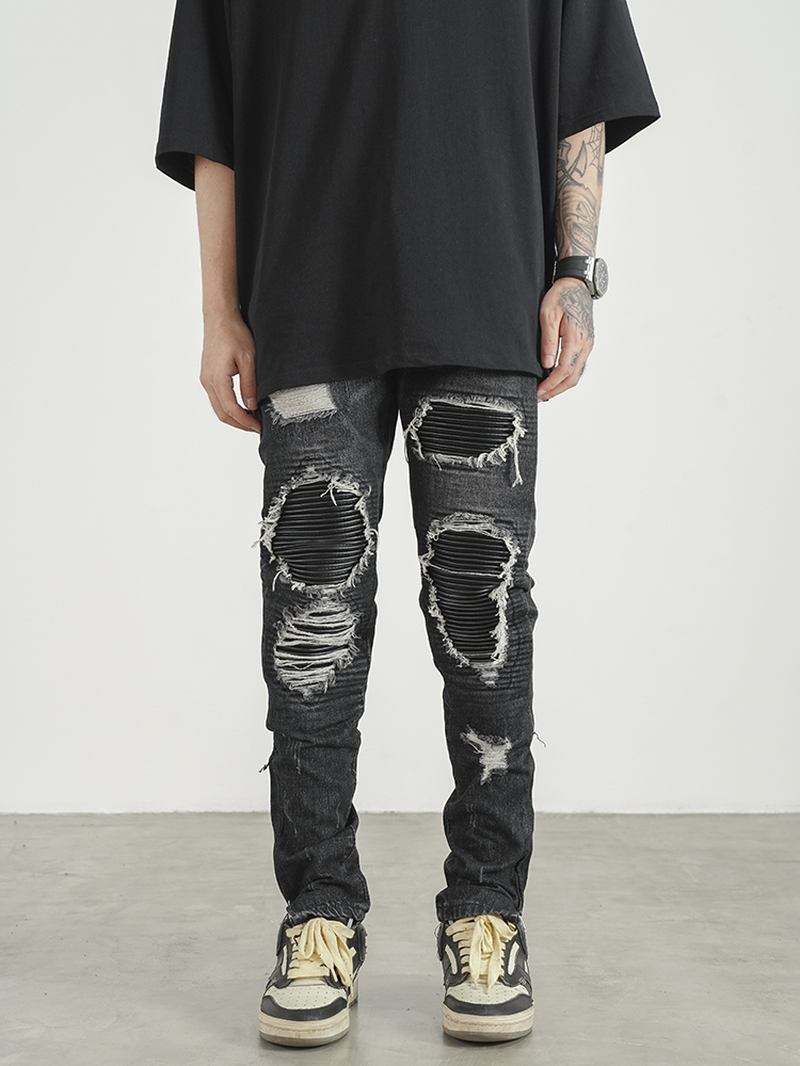 Herr Ripped Patch Pu Och Läder Dragkedja Jeans