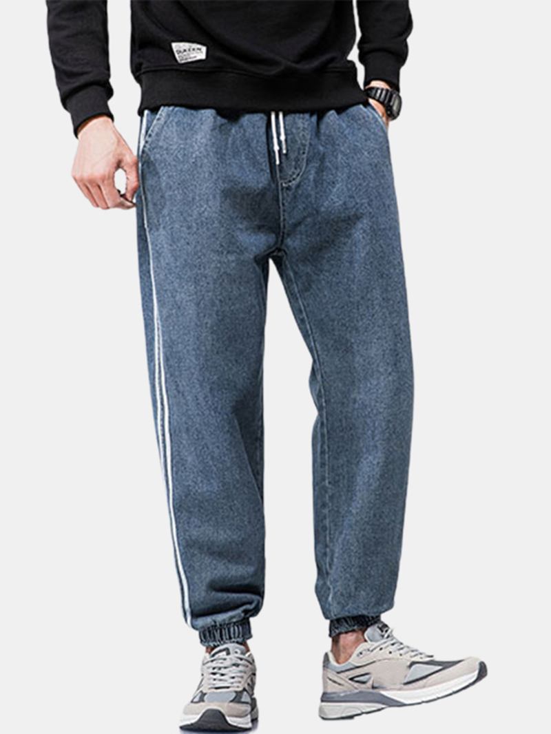 Herr Side Stripe Casual Dragsko Elastiska Ankel Tvättade Jeansbyxor Med Ficka