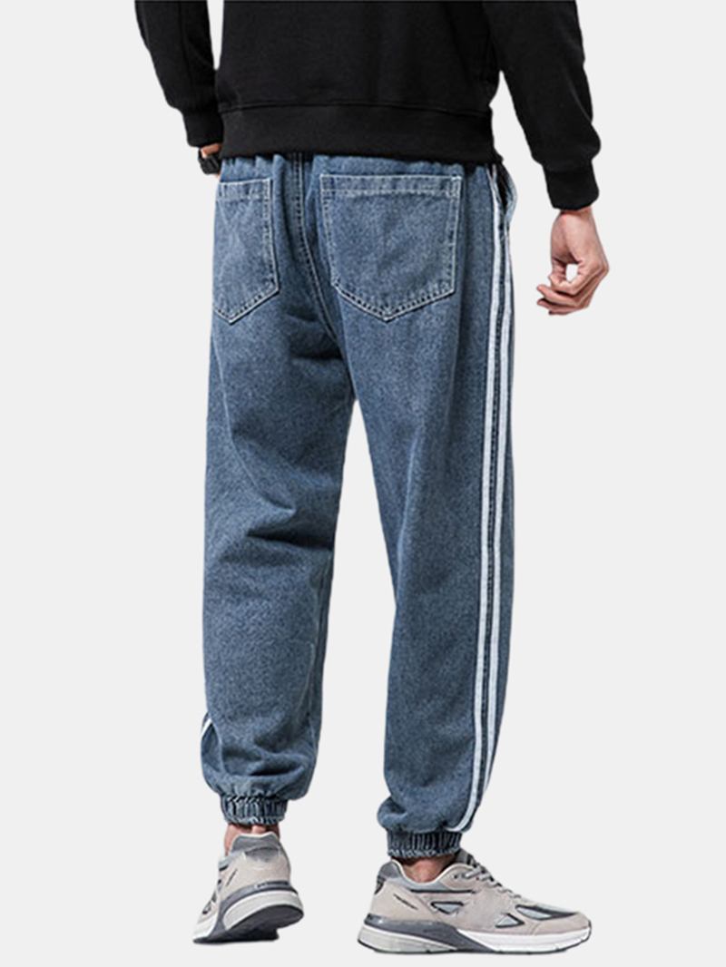 Herr Side Stripe Casual Dragsko Elastiska Ankel Tvättade Jeansbyxor Med Ficka