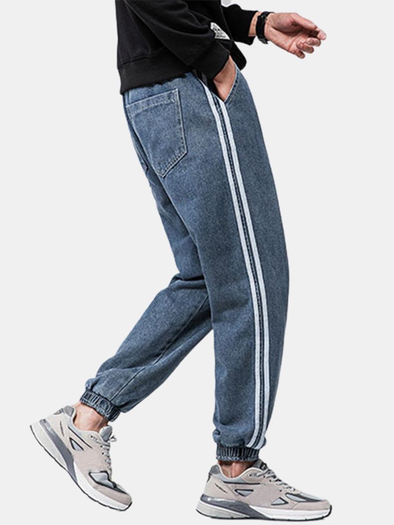 Herr Side Stripe Casual Dragsko Elastiska Ankel Tvättade Jeansbyxor Med Ficka