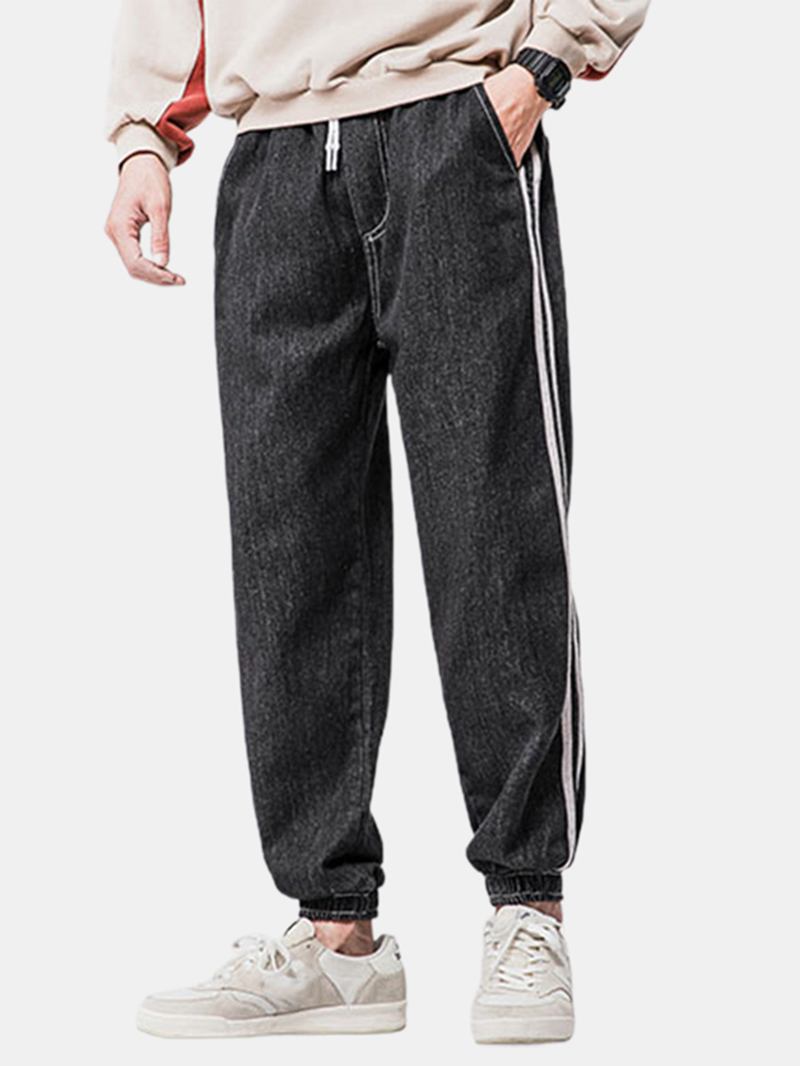 Herr Side Stripe Casual Dragsko Elastiska Ankel Tvättade Jeansbyxor Med Ficka