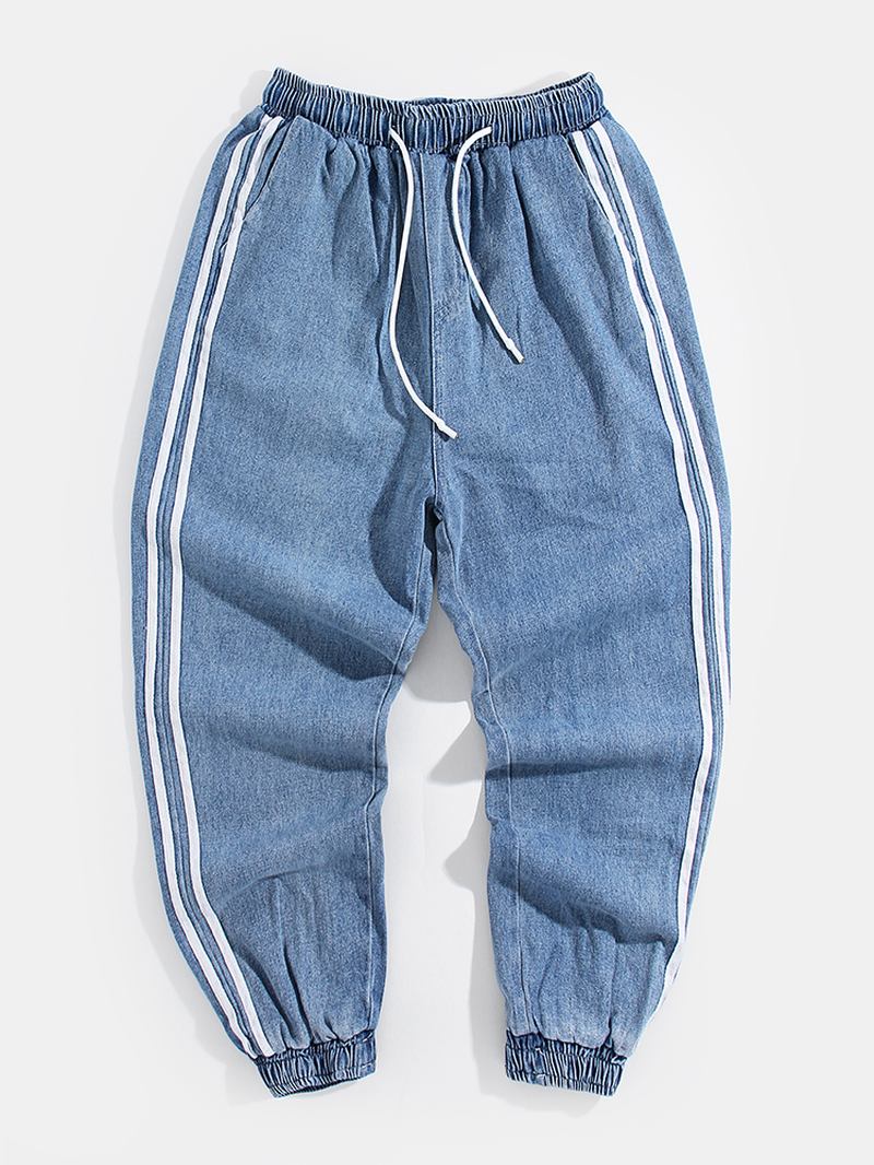 Herr Side Stripe Casual Dragsko Elastiska Ankel Tvättade Jeansbyxor Med Ficka