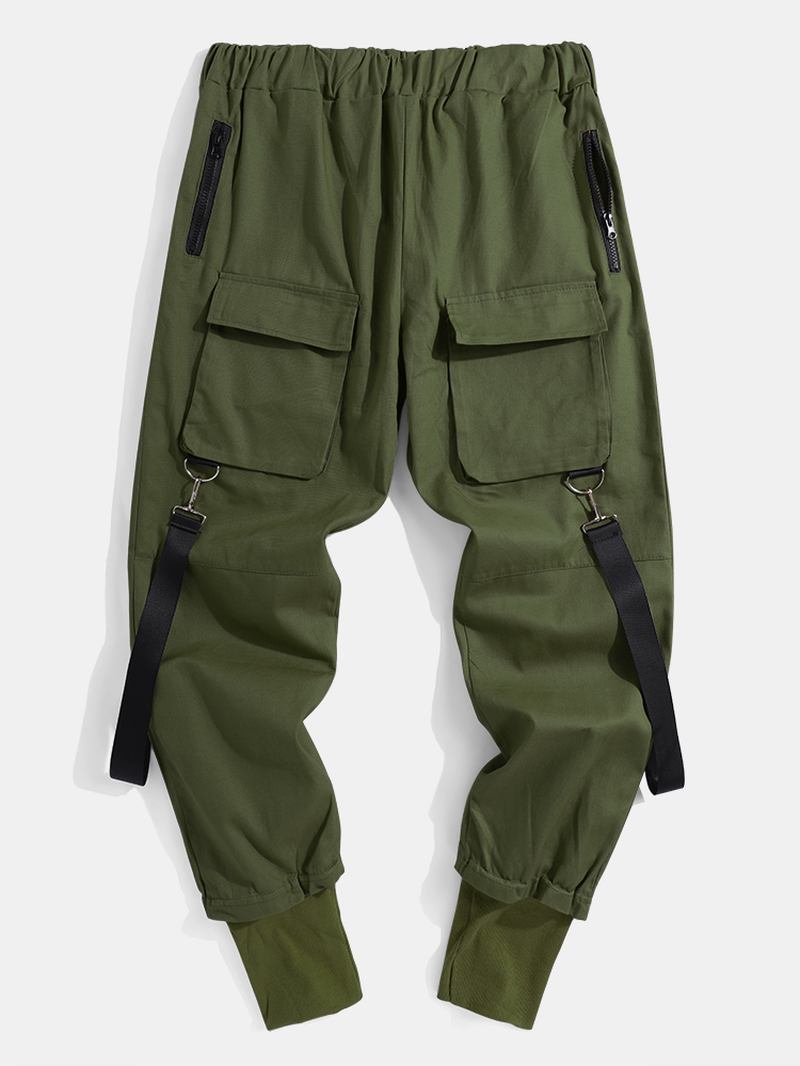 Herr Solid Multi Pocket Elastisk Midja Cargo Beam Feet Byxor Med Band