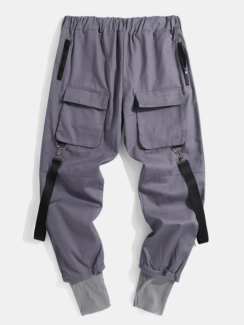 Herr Solid Multi Pocket Elastisk Midja Cargo Beam Feet Byxor Med Band