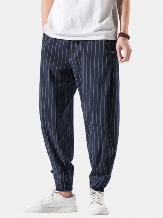 Herr Stripe Chinese Frog Elastisk Midja Ficka Casual Joggingbyxor