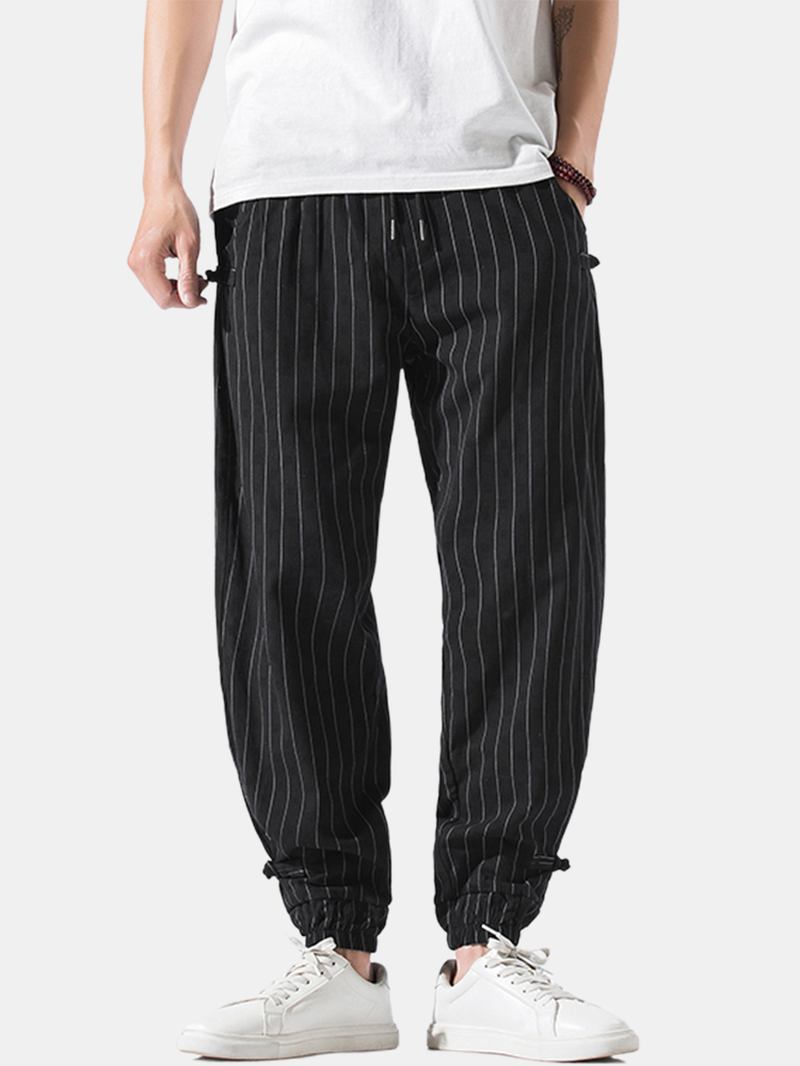 Herr Stripe Chinese Frog Elastisk Midja Ficka Casual Joggingbyxor