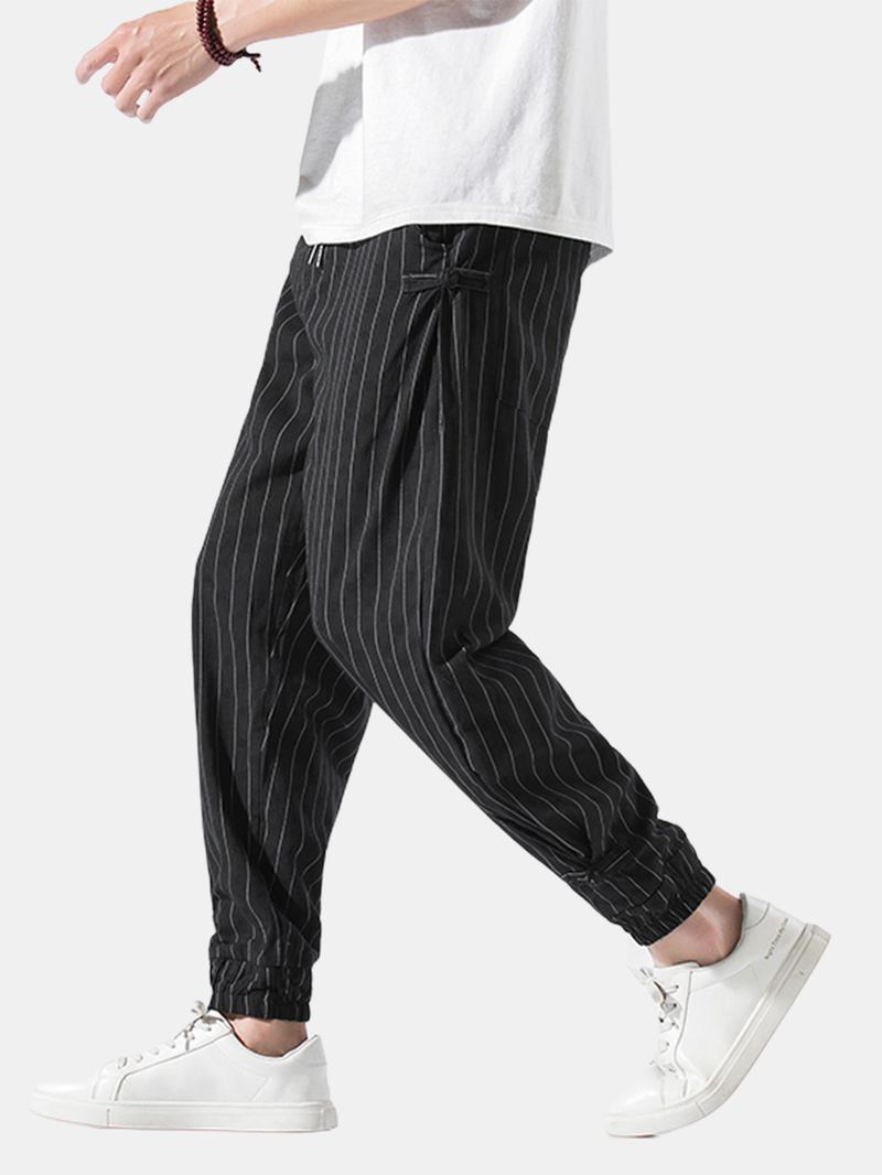 Herr Stripe Chinese Frog Elastisk Midja Ficka Casual Joggingbyxor