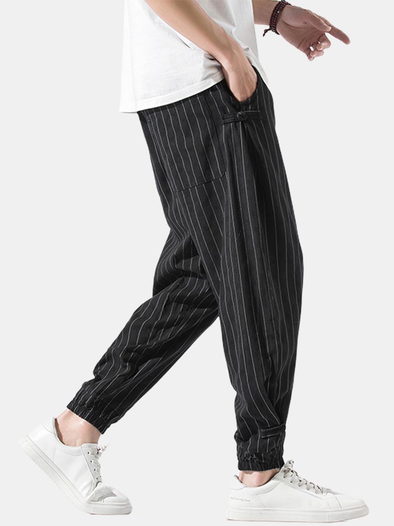 Herr Stripe Chinese Frog Elastisk Midja Ficka Casual Joggingbyxor