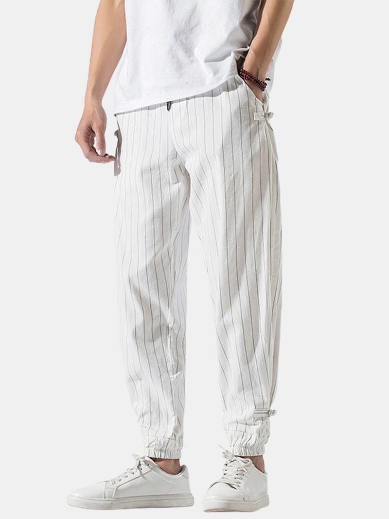 Herr Stripe Chinese Frog Elastisk Midja Ficka Casual Joggingbyxor