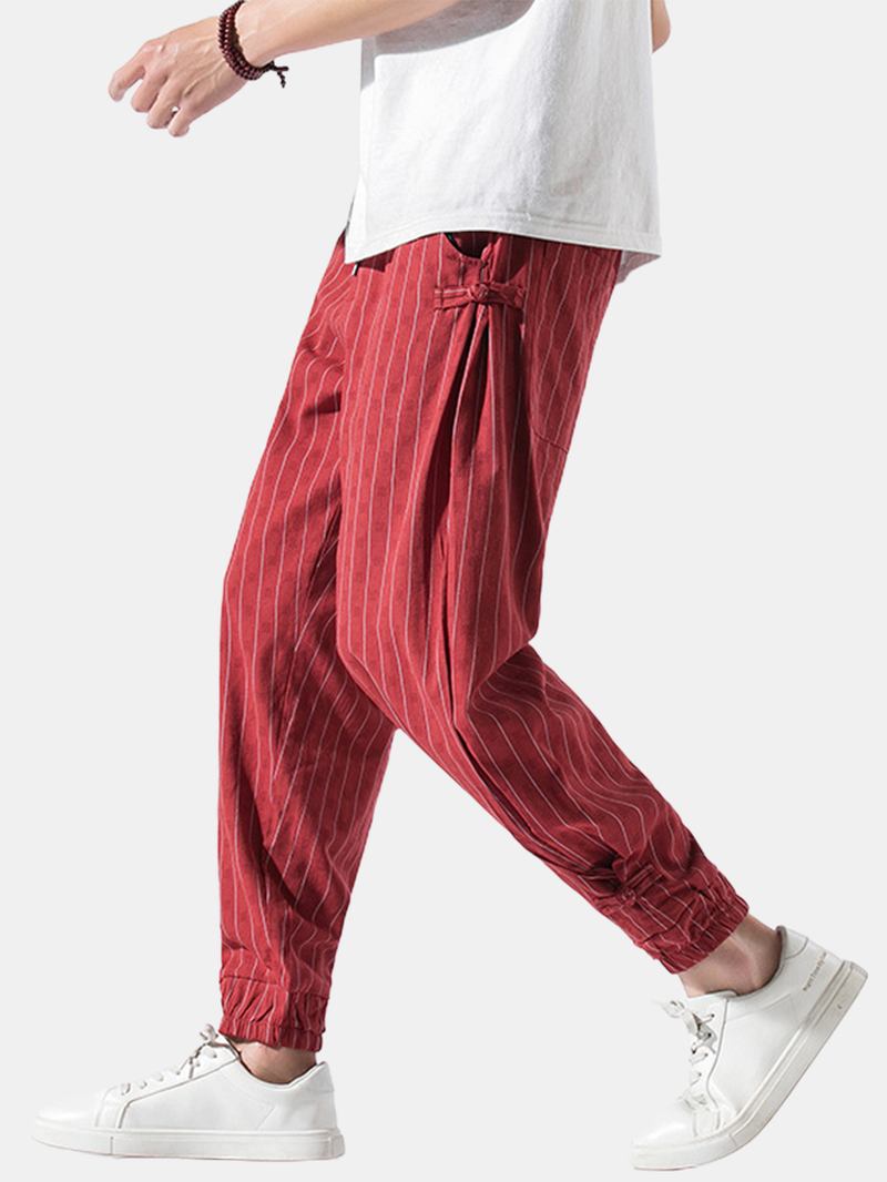 Herr Stripe Chinese Frog Elastisk Midja Ficka Casual Joggingbyxor