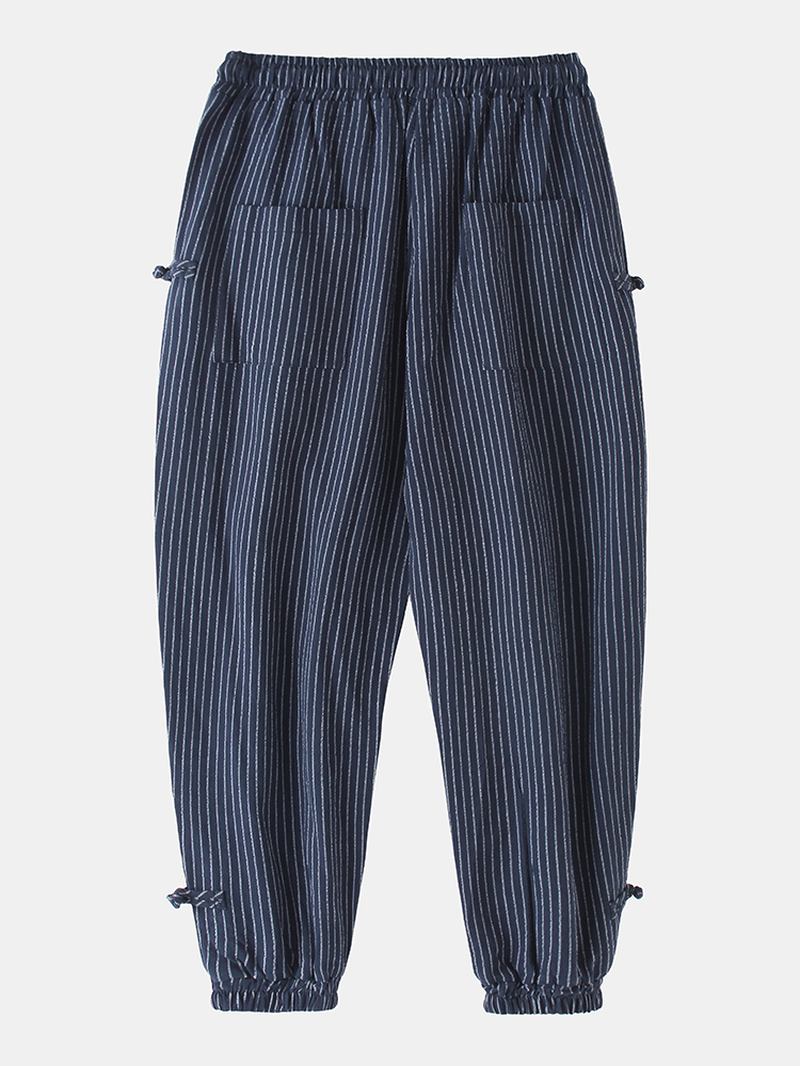 Herr Stripe Chinese Frog Elastisk Midja Ficka Casual Joggingbyxor