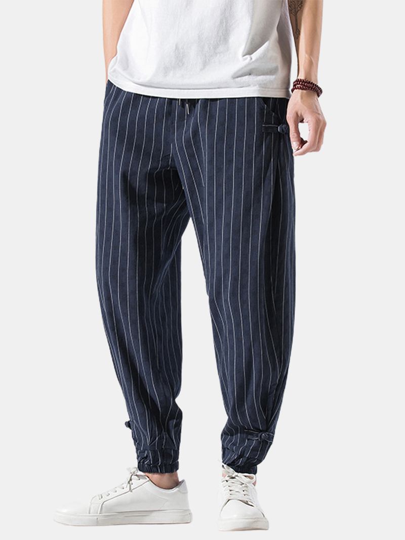 Herr Stripe Chinese Frog Elastisk Midja Ficka Casual Joggingbyxor