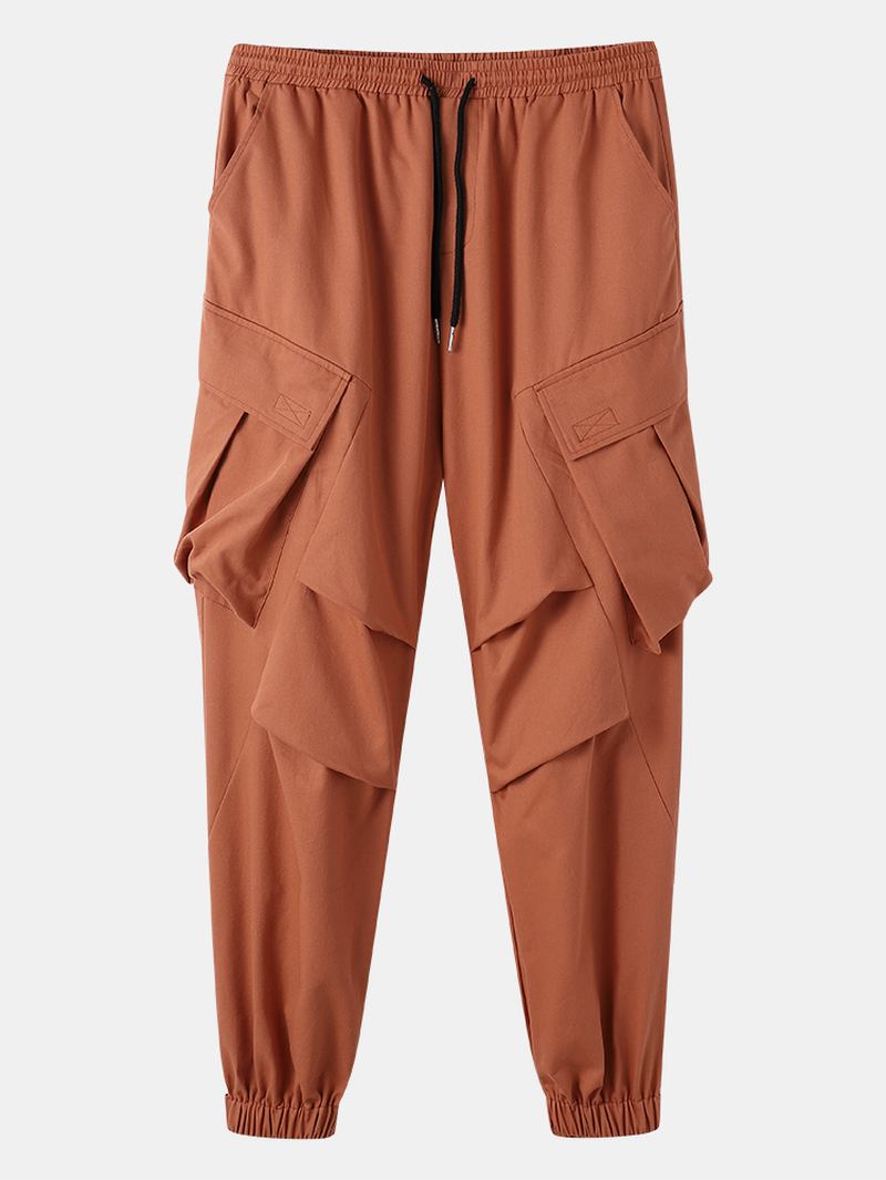 Herr Utility Enfärgad 100% Bomull Loose Cargo Pants