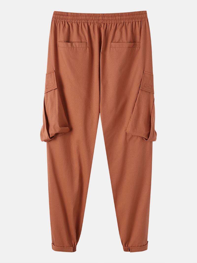 Herr Utility Enfärgad 100% Bomull Loose Cargo Pants