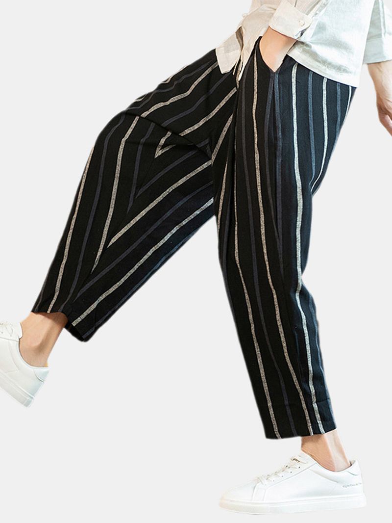 Herr Vintage Linne Stripe Elastiska Midja Casual Byxor