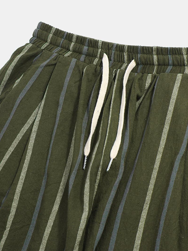 Herr Vintage Linne Stripe Elastiska Midja Casual Byxor