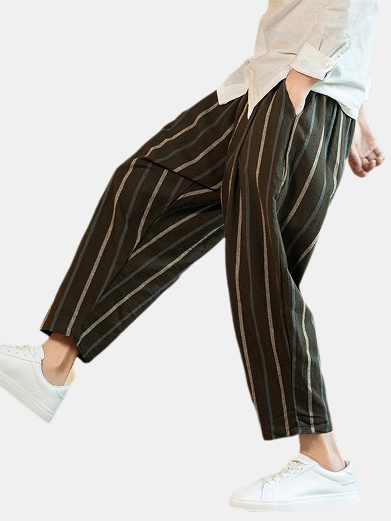 Herr Vintage Linne Stripe Elastiska Midja Casual Byxor