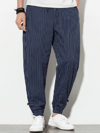 Herr Vintage Stripe 100% Bomull Enfärgad Dragsko Casual Byxor