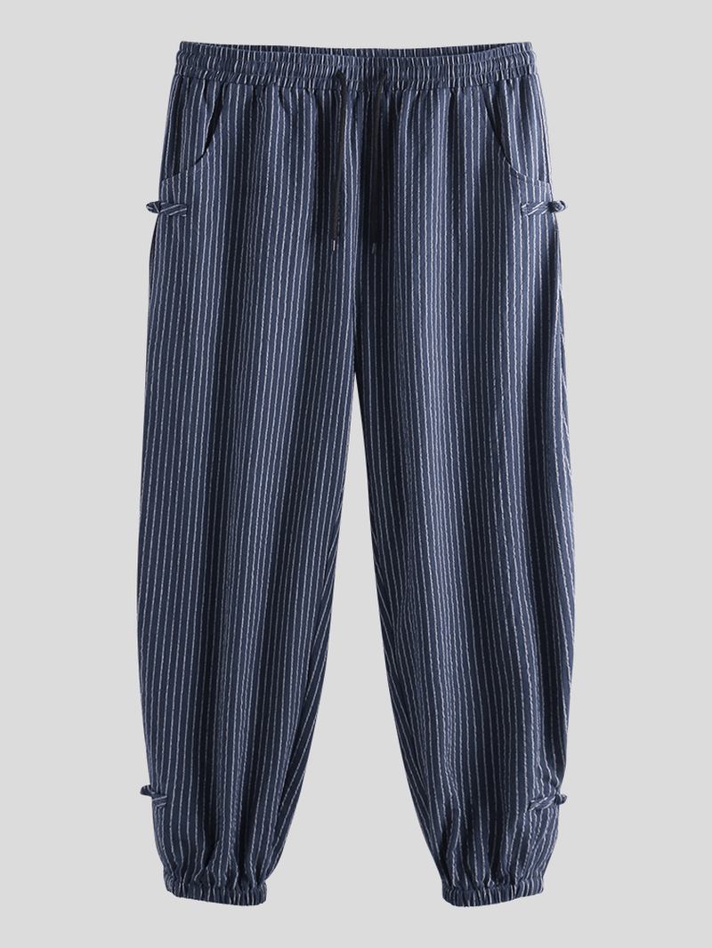 Herr Vintage Stripe 100% Bomull Enfärgad Dragsko Casual Byxor