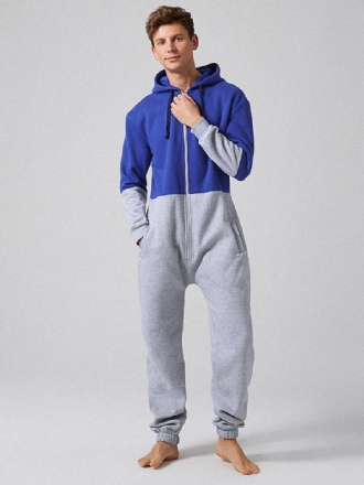 Herrmode Sammet Tjock Kontrast Färg Dragkedja Hooded Loungewear Jumpsuit