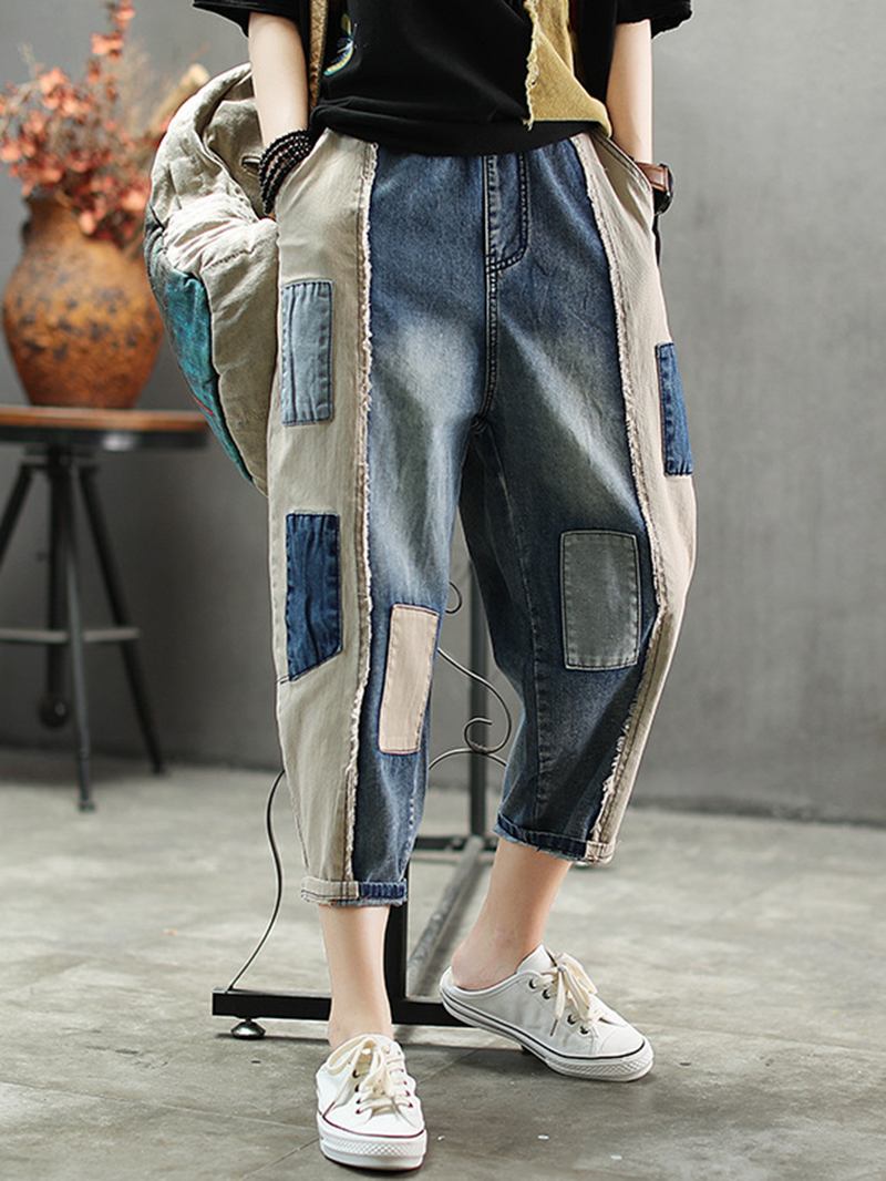 Kontrastfärg Patchwork Patch Casual Jeans