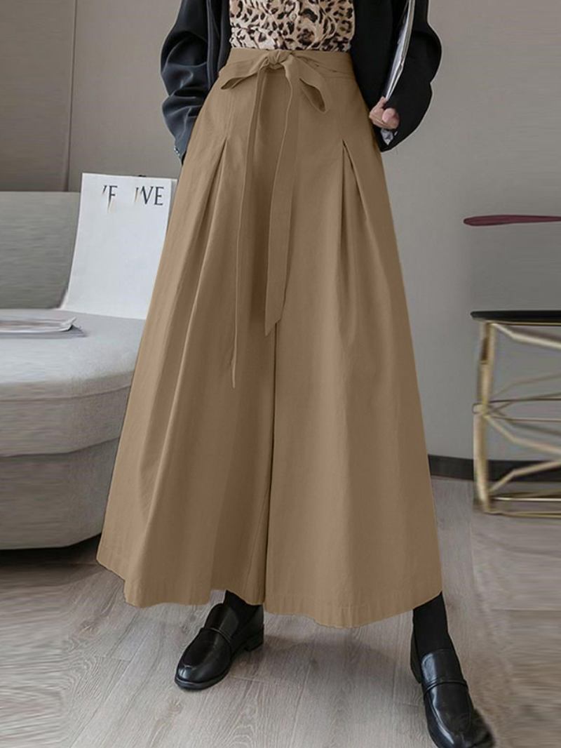 Kvinnor Enfärgad Tie Front Casual Wide Leg Byxor Med Ficka